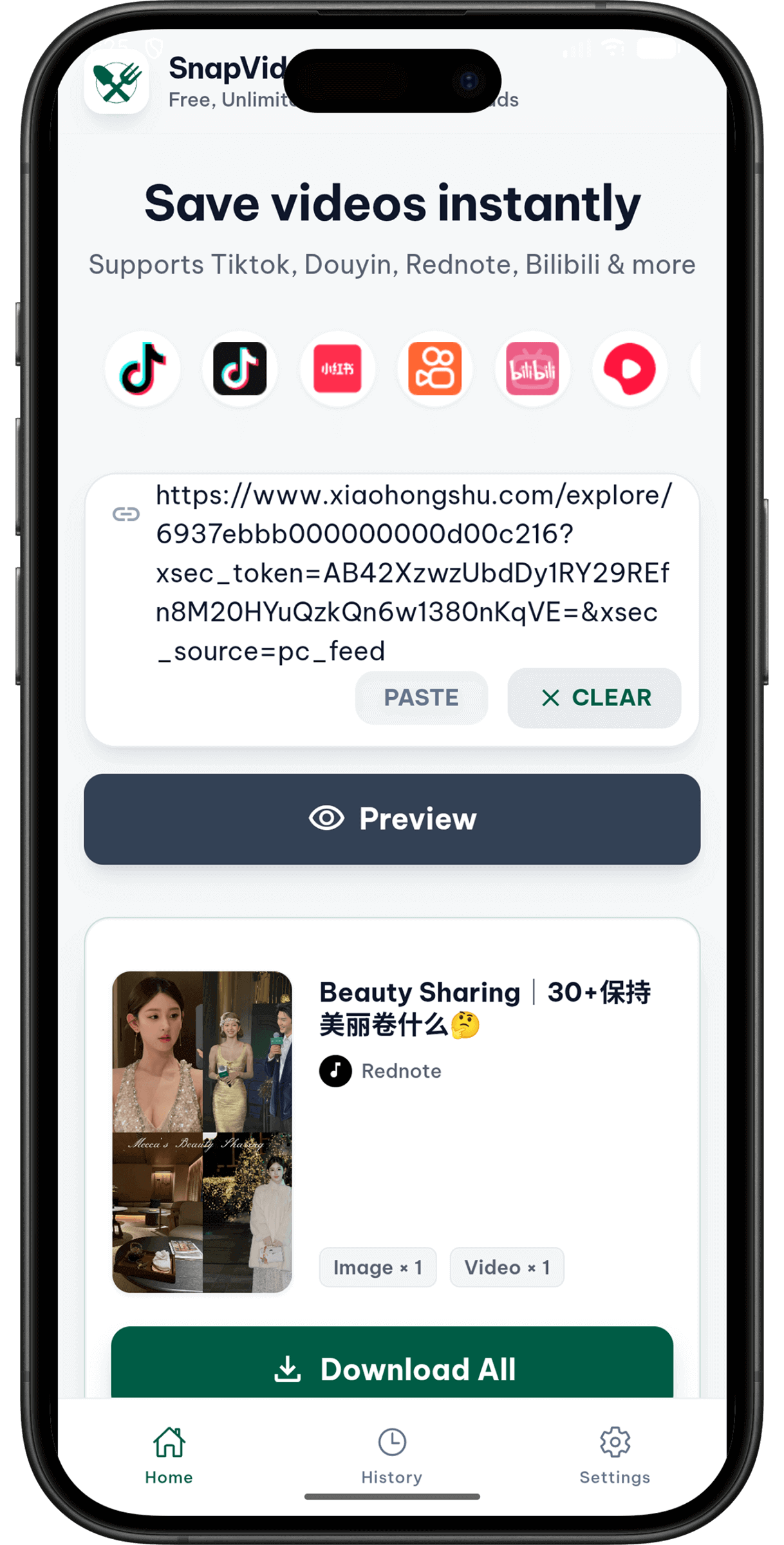 شاشة تطبيق SnapVideoTools لتنزيل الفيديو
